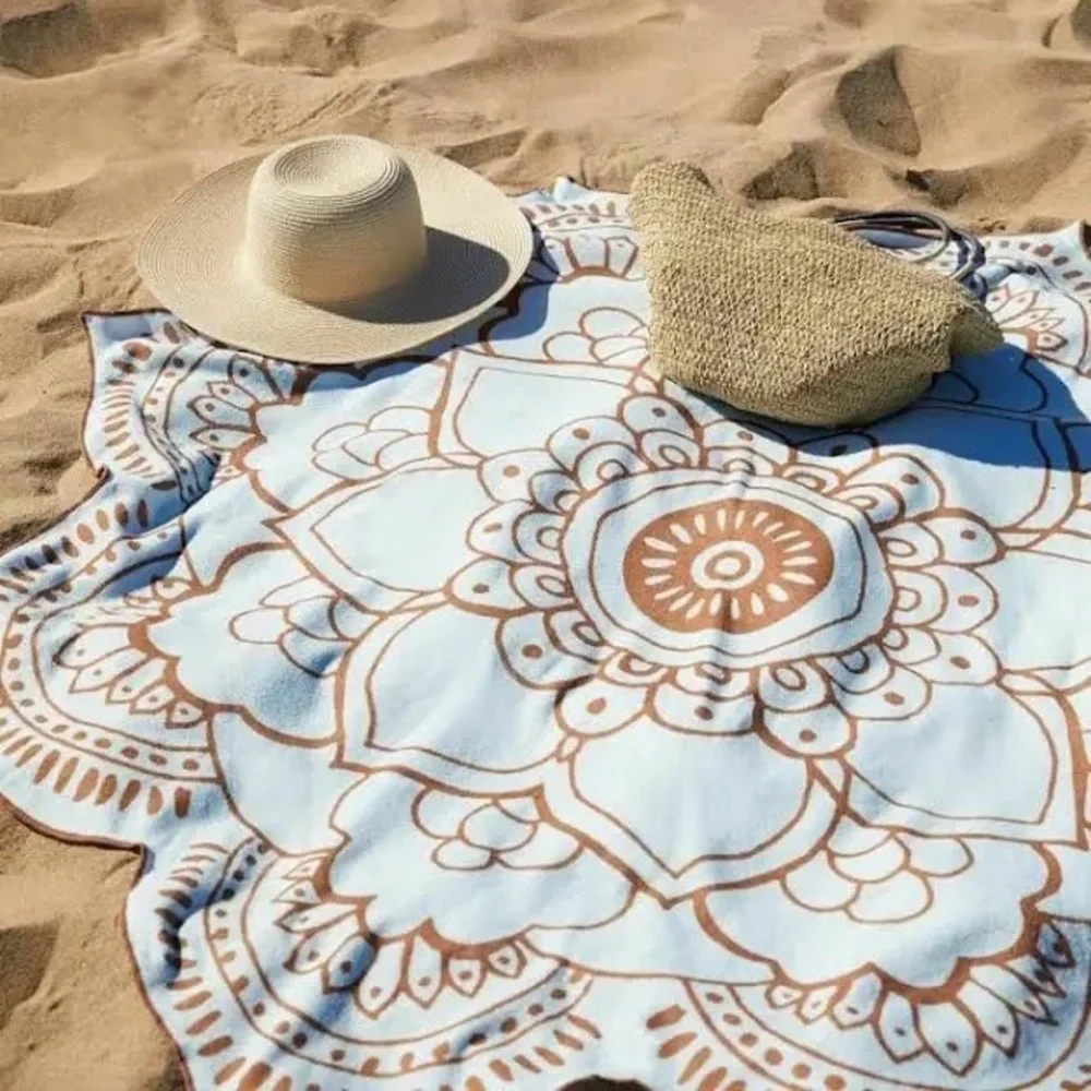 Vix Paula Hermanny Blue Brown Lotus Flower Beach Towel about 52” diameter